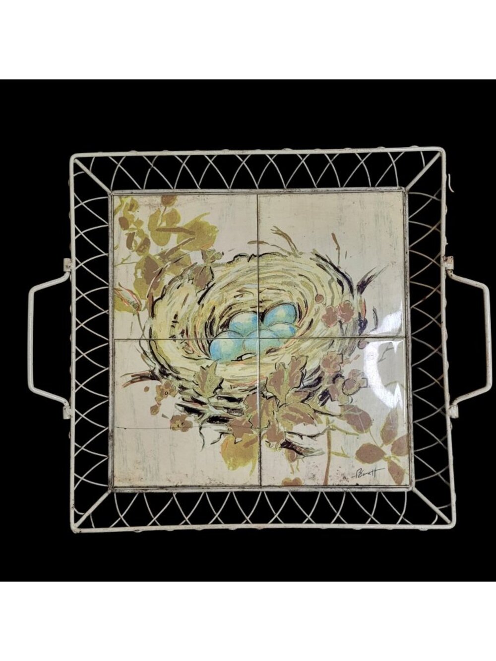 Metal and Ceramic Tile Basket Tray Robin's Eggs Bird Nest 14.5"x14.5" Handles